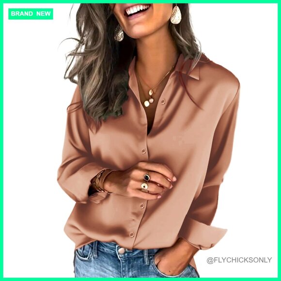 Tops - Satin Button Down Shirt Long Sleeve Business Casual Blouse Regular Fit